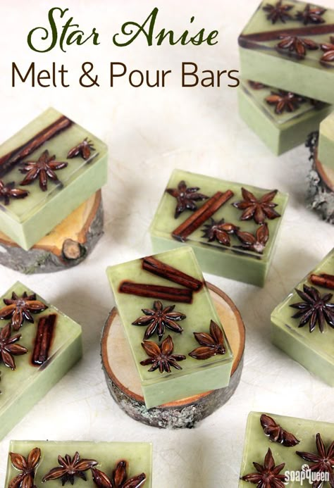 These Star Anise Soap Bars are colored with clay and scented with a blend of orange and anise essential oils. Star anise and cinnamon embeds on top give these bars a rustic look. Savon Diy, Diy Soap Bars, Soap Queen, Săpunuri Handmade, Eat Sign, Diy Soaps, Green Soap, Melt And Pour Soap, Diy Kosmetik