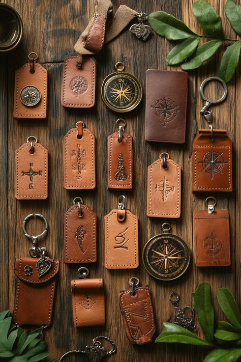 Discover handcrafted leather keychains with personal touch to elevate your style! Small details matter! #LeatherLove #HandcraftedElegance Leather Crafting Ideas, Small Leather Gifts, Keychain For Men Diy, Small Leather Projects Diy, Leather Scraps Ideas, Leather Keychain Ideas, Diy Leather Keychain, Hobbit Costumes, Leather Keychain Diy