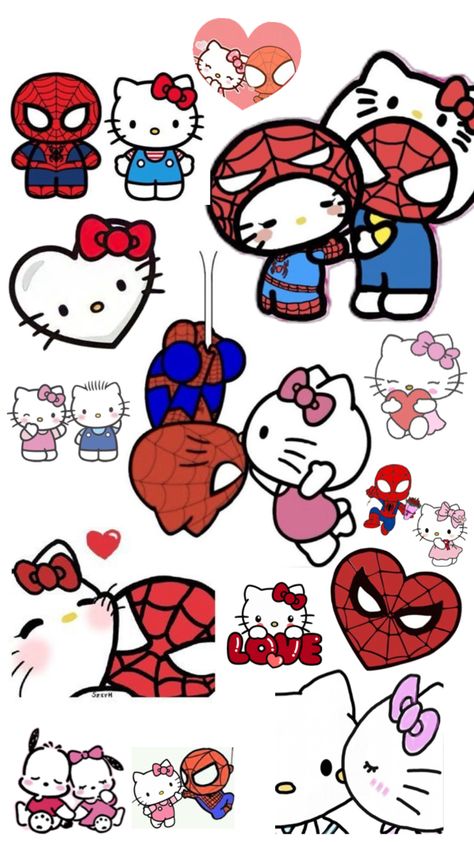 Hello Kitty X Spiderman, Hello Kitty And Spiderman, Spiderman Hello Kitty, Spiderman Stickers, Hello Kitty Stickers, Cute Screen Savers, Kitty Kisses, Spiderman Gifts, Spiderman Theme