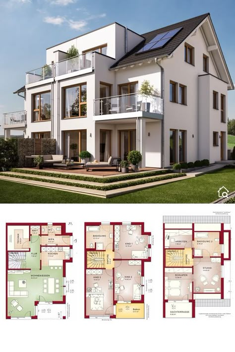 Großes Doppelhaus CELEBRATION 122 V3 XL - | HausbauDirekt.de House 5 Bedroom Floor Plans, 3 Family House Floor Plans, Sims 3 Family House Floor Plans, 5 Bedrooms House Plans, Cool House Floor Plans, 5 Bedroom House Floor Plan Modern, 3 Floors House Design, 5bedroom House Plans, Modern House With Floor Plan