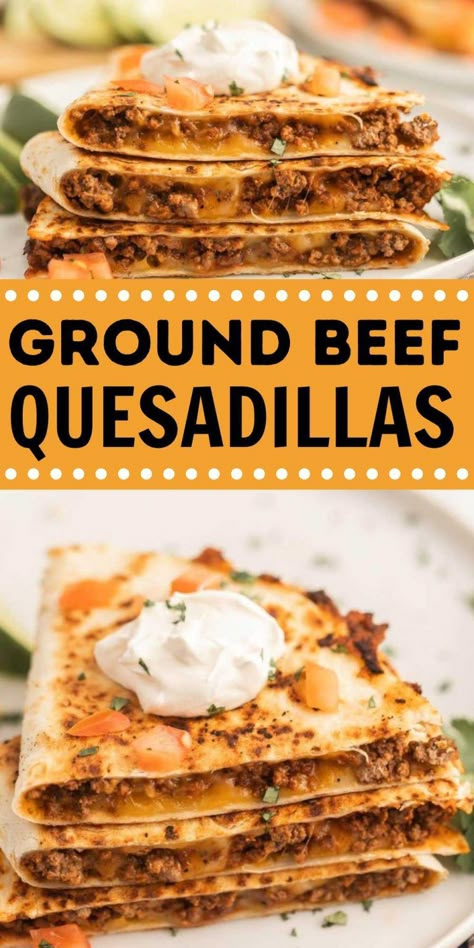 Ground Beef Quesadillas Recipe - Eating on a Dime Quesadilla Recipes Beef, Ground Beef Quesadillas, Steak Quesadilla, Beef Quesadillas, Cheesy Ground Beef, Seasoned Ground Beef, Eating On A Dime, Hamburger Meat Recipes, Tortilla Recipe