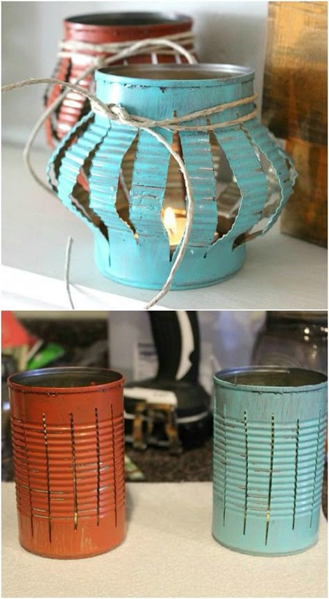 Upcycled Tin Can Tea Lanterns Hantverk Diy, Garden Lantern, Diy Copper, Lantern Designs, Lantern Ideas, Tin Can Crafts, Dekor Diy, Garden Lanterns, Diy Lanterns