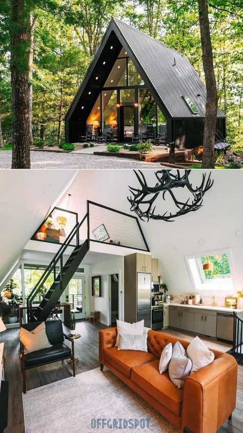 Delightful A-Frame Style Tiny House Cabin Modern Small Cabin Design, A Frame Tiny House Interiors, A Frame House Interior Design, French Country Tiny House, Tiny Home A Frame, Tiny A Frame House, Tiny House A Frame, Small A Frame Cabin Plans, A Frame Cabin Interior