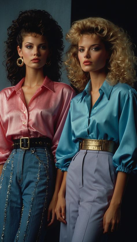 Two women in 80s fashion: one wearing a pink satin blouse with high-waisted blue jeans and the other in a blue satin blouse with high-waisted lavender pants, both showcasing voluminous hairstyles. 1980s Winter Outfits, 80s Fashion Photography, 80s Going Out Outfit, 80 Theme Party Outfit Women, Hair In The 80s, 80s Glamour Fashion, 80s Pop Fashion, 80s Luxury Fashion, 80s Fashion Movies