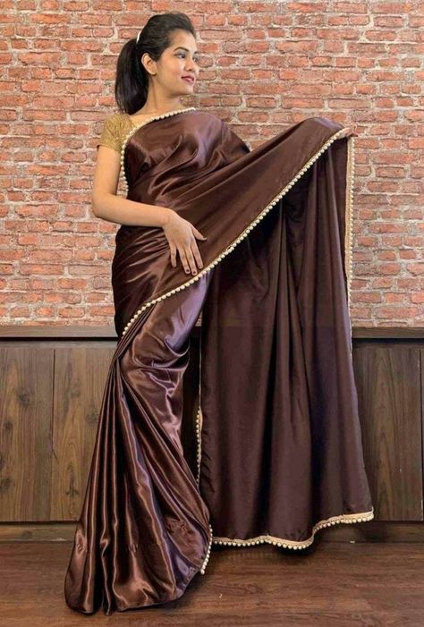 Satin Saree For Farewell, Brown Satin Saree, Sarees For Farewell, Saree For Farewell, 1 Minute Saree, Moti Lace, Lace Border Saree, Stitch Saree, Saree Accessories