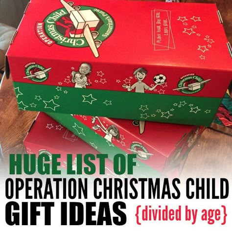 Making an Operation Christmas Child box this year? Here is a Huge list of Samaritan's Purse Operation Christmas Child Gift Ideas - Operation Christmas Child Gift Ideas divided up by age. Operation Christmas Child Box Ideas, Occ Crafts, Samaritans Purse, Christmas Child Shoebox Ideas, Operation Shoebox, Christmas Shoebox, Operation Christmas Child Boxes, Operation Christmas Child Shoebox, Shoebox Ideas