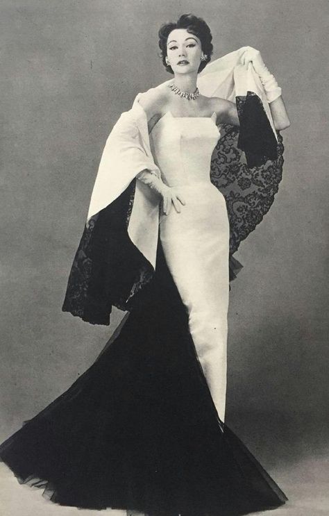 Lanvin 1920s, Shawl And Dress, 1951 Fashion, Early 60s Fashion, Collage People, 1950s Glamour, 1959 Fashion, Lanvin Dress, Vintage Evening Gowns