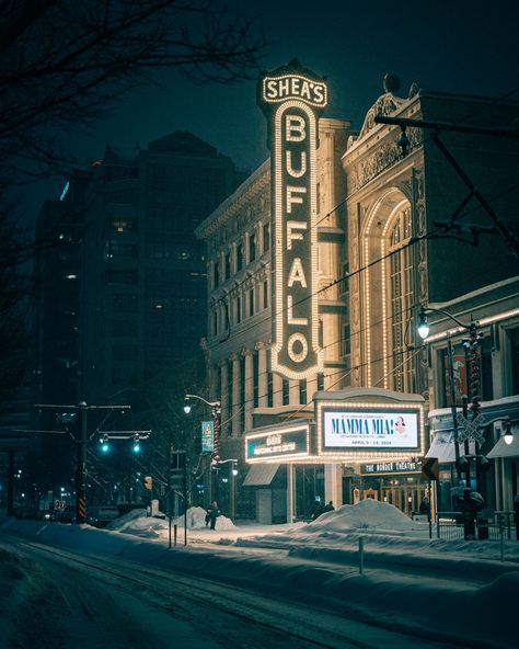 Shea's Buffalo Theatre on a snowy night in downtown Buffalo, New York Buffalo New York Aesthetic, Buffalo Ny Aesthetic, Romanticize College, Buffalo City, Snowy Night, Rust Belt, Buffalo New York, New York Aesthetic, Hotel Motel