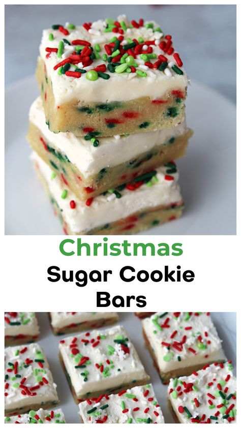 Christmas Bakery Desserts, Santa’s Favorite Christmas Cookie Bars, Christmas Goodie Plate Ideas, Sugar Cookie Christmas Recipe, Sugar Cookies Bars Recipe, Pan Sugar Cookie Recipe, Cookie Bar Christmas, Christmas Cookie Cheesecake Bars, Holiday Dessert Bars Christmas