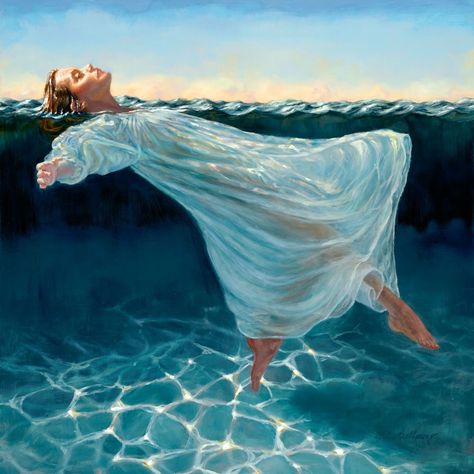 Image size: 12" X 12", Oil on panelWoman floating in water- above and below In Water Drawing, Girl Under Water, Water Sketch, Underwater Drawing, Colour Illustration, Underwater Portrait, Water Tattoo, Underwater Painting, Water Illustration