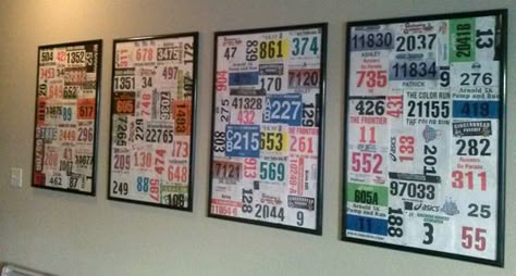 Think that i might just have to do one of these with my race bibs!! 23 Cool Race Bib Collections | Runner's World Race Bib Display, Medal Display Ideas, Bib Display, Race Medal Displays, Running Bibs, Running Medal Display, Medal Displays, Running Medal, Running Medals