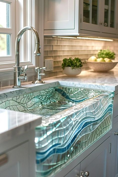 29 Coastal Kitchen Decor Ideas to Bring the Beach to Your Home Crystal Kitchen Countertops, Perfect Kitchen Design, Farmhouse Beach Kitchen, Mermaid Kitchen Decor, Ocean Kitchen Theme, Coastal Kitchen Decorating Ideas, Coastal Interior Design Kitchen, Coastal Grandaughter Bathroom, Diy Beach House Decor