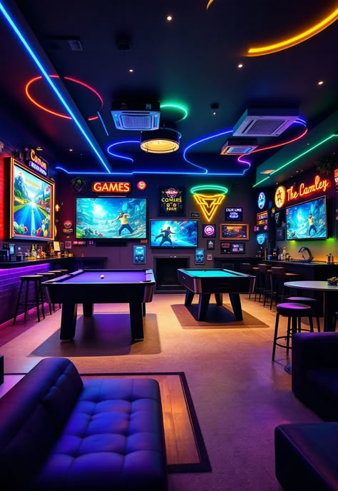 Finished Basement Ideas Gaming Entertainment Room, Game Room Sofa Ideas, In Home Game Room, Basment Game Room, Game Room For Men, Basement Video Game Room Ideas, Finished Basement With Pool Table, Finished Basement Game Room, Video Game Basement