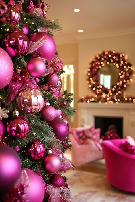 Magenta Christmas Decor, Magenta Christmas Tree, Pink Christmas Decorations Diy, Glam Holiday Decor, Magenta Christmas, Christmas Glamour, Pink Christmas Tree Decorations, Pink Christmas Decor Ideas, Pastel Christmas Decor