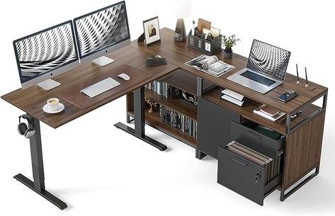 Stand Up Desk Home Office, L Shaped Standing Desk, L Shaped Office, Corner Standing Desk, Apartments Ideas, L Shaped Office Desk, Computer Desk With Shelves, Desk With Shelves, Home Office Modern