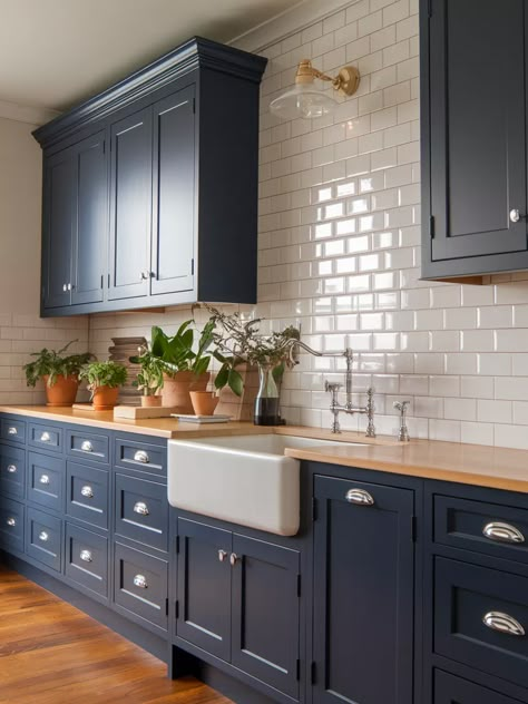 27 Navy Blue Kitchen Cabinets – Your Motor Geek Navy Cabinets With Backsplash, Navy White Wood Kitchen, Sw Blue Kitchen Cabinets, Blue Kitchen Cabinets With Wood Counter, Navy Blue Galley Kitchen, Blue Cabinet Wood Countertop, Navy Kitchen Cabinets With Butcher Block, Navy Blue Kitchen Cabinets With Brushed Nickel Hardware, Dark Blue And Cream Kitchen