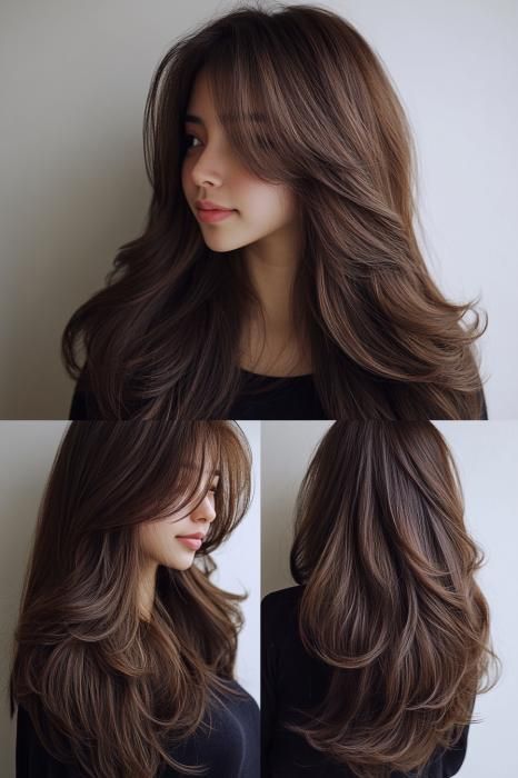 33 Effortless Long Layered Haircuts with Side Bangs 3 Layers Haircut Long, Hairstyle Curtain Bangs Long Hair, U Shape With Long Layers Haircut, Haircut With Side Bangs And Layers, Layer Hair Hairstyles, Haircut Volume Long, Long Hair With Layers With Curtain Bangs, Round Face Haircuts Long Hair, Layers Hair With Curtain Bangs