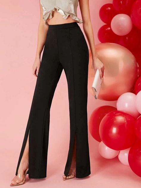 Zipper Side Split Front Flare Leg Pants | SHEIN USA Sleek Outfit, Hijab Dress Party, Abaya Designs, Streetwear Summer, Flare Leg Pants, Type Of Pants, Classic Outfits, Side Split, Western Outfits