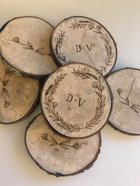 Wood Burning Designs Wedding, Woodburn Wedding Gift, Wood Burning Initials, Romantic Wood Burning Ideas, Wedding Wood Burning Ideas, Wedding Wood Burning, Wedding Pyrography, Wood Burning Wedding Gift, Wood Burn Coasters