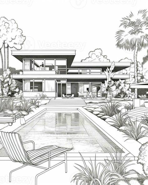 a drawing of a house with a pool and lounge chairs. generative ai. House With Pool Drawing, House Design Drawing Sketch, Perspective House Drawing, Dream House Drawing Sketch, Simple House Sketch, Pool Sketch, House Drawing Sketches, Rich People Houses, Villa Illustration