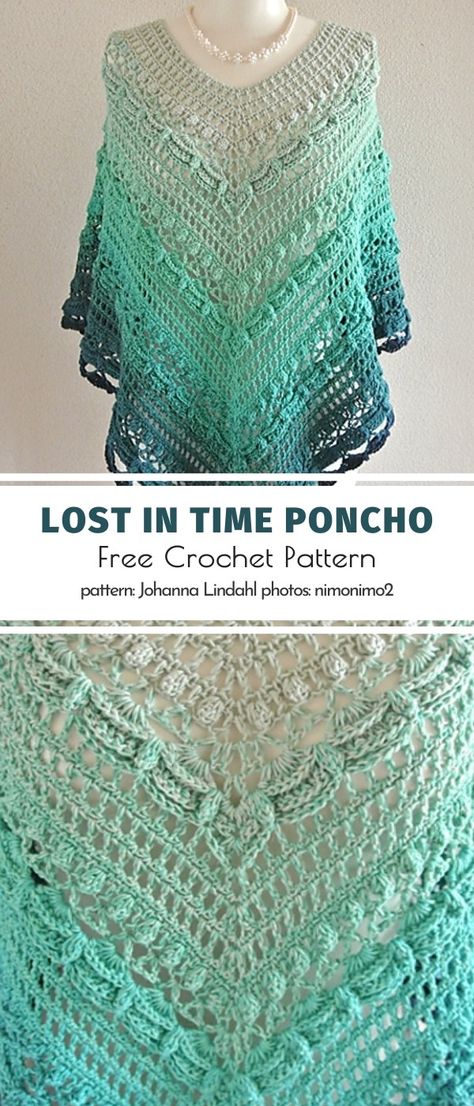 Lost in Time Shawl. With a bit of experience and invention, you can easily transform this timeless shawl into a trendy poncho. Get creative with the pattern, adjust the sizes to suit your needs and enjoy a one of a kind piece of clothing made with your own super skilled hands.  #freecrochetpattern #shawl #lostintime Lost In Time Shawl, Shawl Ideas, Poncho Patterns, Crochet Poncho Free Pattern, Poncho Crochet, Knitting Group, Crochet Shawl Pattern, Crochet Shawl Pattern Free, Crochet Poncho Patterns