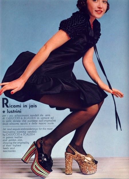 Casuccio e Scalera platform shoes, 1973: Vintage Fashion 1970, Biba Fashion, 1970s Vintage Fashion, 1960s Shoes, 70s Women Fashion, Vintage Editorials, 70s Glam, Fashion 1970s, 60s 70s Fashion