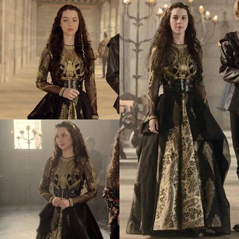 Every dress Mary has ever worn™ Season 1 episode 16 "Monsters" Love this dress, black and gold like a Queen 👑 QOT Reign Outfits, Weddings By Season, Marie Stuart, Reign Fashion, Reign Dresses, Mary Dress, Queen Of Scots, Mary Stuart, Mary Queen Of Scots