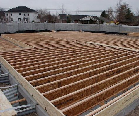 Framing A Floor Using "I" JoistsThis article teaches you how to build a floor for a house on a concrete foundation. This framing system can also be used for framing storage shed floors.This floor framing system is typical over basements and crawl spaces. Joist spans and spacing are determined by engineering that is published by the manufacturer.Every floor joist manufacturer has product literature and telephone support with engineered span and spacing tables specifying typical joist... Concrete Foundation, Shed Floor, Framing Construction, Build A Playhouse, Home Building Tips, House Foundation, Build Your Own House, Diy Shed, Up House