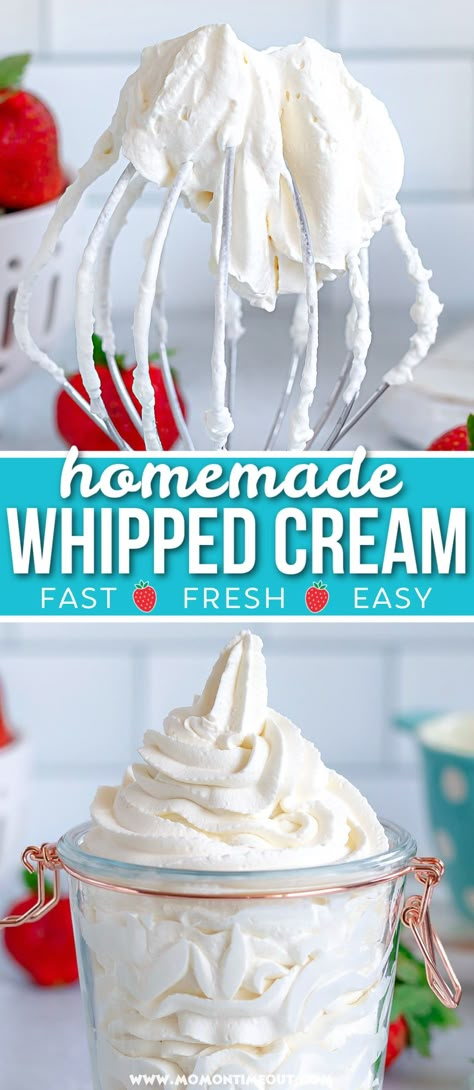 This simple Homemade Whipped Cream recipe yields the most perfect, lightly sweetened whipped cream imaginable. Made with just 3 simple ingredients and ready in just 5 minutes, it really is the perfect topping for cakes, pies and ice cream! // Mom On Timeout Make Whipped Cream, Homemade Whipped Cream Recipe, Whipped Cream Recipe, Mom On Timeout, Recipes With Whipping Cream, Making Whipped Cream, Dessert Recipies, Sweetened Whipped Cream, Surprise Cake