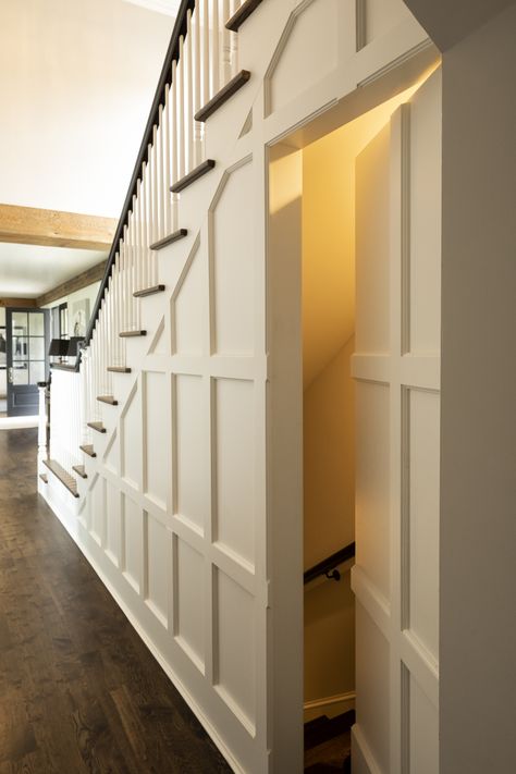 Door Leading To Basement, Kitchen With Staircase In The Middle, Under The Stairs Entryway, Exposed Wood Stairs, Wainscoting Secret Door, Hidden Staircase To Attic, Staircase Next To Front Door, Stairs Under Stairs, Archway Under Stairs