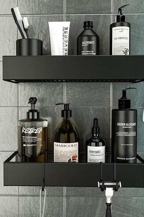 Grey Bathroom Organization, Bathroom For Men Ideas, Blue Brown Bathroom Ideas, Guy Bathroom Decor, Small Grey Bathroom Ideas Decor, How To Decorate A Men’s Bathroom, Grey Bathroom Aesthetic, Apartment Decorating For Men Kitchen, Men’s Dark Bathroom Ideas