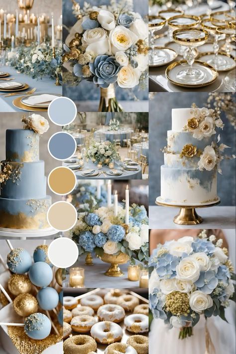 Winter Blue And Gold Wedding, Wedding Gold And Blue, Colour Combinations For Wedding Decor, Navy And Gold Wedding Reception, Dusty Blue And Gold Wedding Decor, Pastel Blue And Gold Wedding, Dusty Blue And Brown Wedding Theme, Champagne Gold And Blue Wedding, Gold And Blue Wedding Decorations