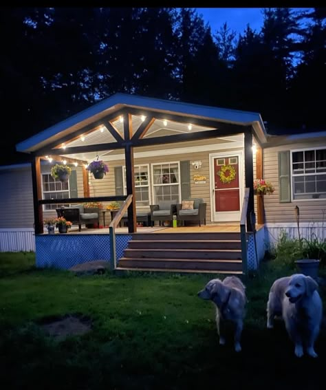 Front Porch On Mobile Home, Mobile Home Deck, Manufactured Home Porch, Double Wide Remodel, Mobile Home Front Porch, Mobile Home Exteriors, Mobile Home Renovations, Mobile Home Ideas, Manufactured Home Remodel