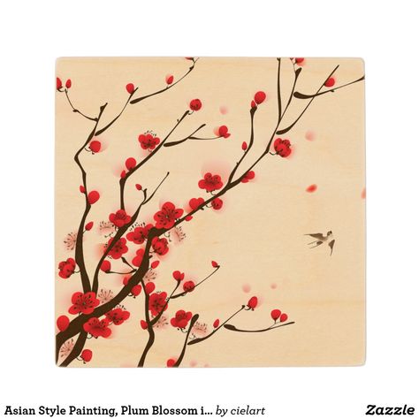 Asian Style Painting, Plum Blossom in Spring Plum Blossom Painting, Japanese Tiger, White Ceramic Tiles, Ink Wash Painting, Cherry Blossom Art, Red Plum, Ipad Mini Cover, Asian Decor, Spring Cards