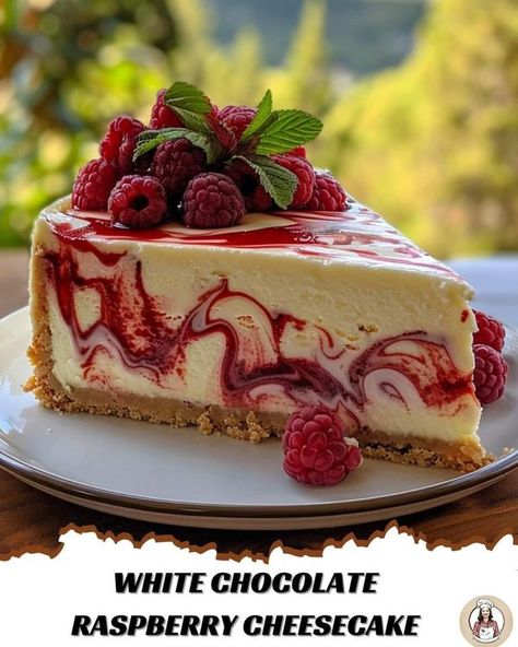 Cake tutoriels | 🌟 White Chocolate Raspberry Cheesecake 🌟 | Facebook Decorated Cheesecake, Raspberry Cheesecake Cake, Rasberry Recipes, Raspberry White Chocolate Cheesecake, Kawaii Cakes, Raspberry Swirl Cheesecake, White Chocolate Raspberry Cheesecake, Chocolate Raspberry Cheesecake, Birthday Cake Decorating Ideas