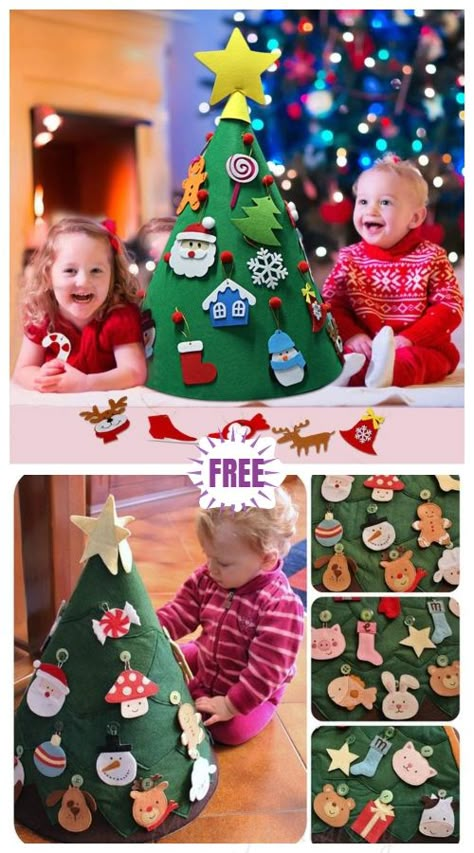 Felt Christmas Ornaments For Kids, Felt Christmas Tree Diy, Diy Kids Christmas Tree, Felt Christmas Tree Pattern, Diy Kids Play, Christmas Tree Tutorial, Toddler Christmas Tree, Christmas Tutorial, Diy Felt Christmas Tree