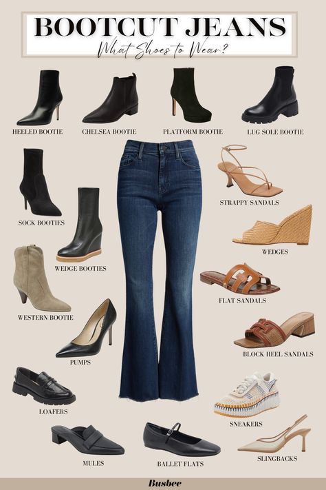 Elevate your bootcut jeans look with the right shoes! Explore our easy guide to find the perfect footwear for any outfit. We’re focusing on what shoes to wear with bootcut jeans specifically. Bootcut jeans are typically snug on the hips and slightly flared out at the knee. They’re very similar to flare jeans but a little less exaggerated. Dressy Bootcut Jeans Outfit, Bootcut Jeans Style For Women, Boot Cut Jeans For Short Women, Bootcut Jeans And Sandals Outfit, Ankle Boots With Bootcut Jeans, Style With Bootcut Jeans, How To Wear Bootleg Jeans, Heels With Bootcut Jeans, Curvy Bootcut Jeans Outfit