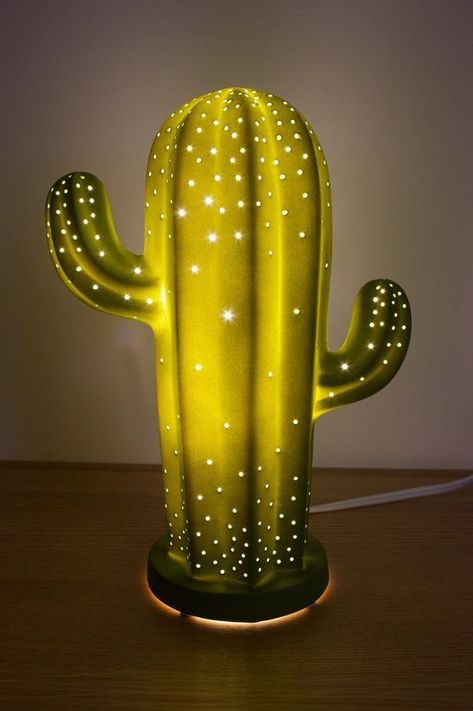 Porcelain Green Cactus Lamp Cactus Lamp, Diy Cork, Cactus Party, Cactus Decor, Green Cactus, Porcelain Lamp, Cactus Flower, Wooden Table, Cacti And Succulents