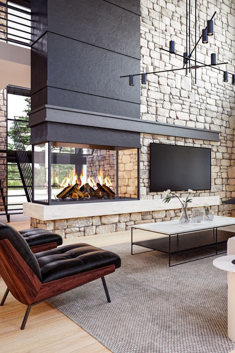 4 Way Fireplace, Double Sided Freestanding Fireplace, Double Sided Fireplace Living Room Dining Room, Double Room Fireplace, Double Sided Modern Fireplace, Backside Of Fireplace Ideas, Fireplace Between Dining And Living Room, 360 Fireplace Living Rooms, Diy Double Sided Fireplace