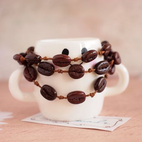 This woven coffee beans bracelet looks rather unusual and beautiful.  Coffee beans are handmade from polymer clay so each is unique.  Bracelet length of 7.48 inches (19 cm).  I made it with love and using only quality materials. Packed in a gift box Coffee Beans Diy, Coffee Bracelet, Coffee Necklace, Coffee Jewelry, Acorn Squash Recipes, Necklace Collar, Acorn Squash, Diy Garland, Beautiful Coffee