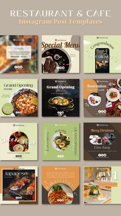 Social Media | RESTAURANT&CAFE INSTAGRAM POST TEMPLATES This is Veny Vanilla's Restaurant&Cafe Instagram Post Templates, which was created for small and medium business owners, social media managers, personal accounts, or anyone looking to synchronize and increase their social media feed using a color palette.Restaurant&Cafe Instagram Post Templates is an excellent helper in this regard! This template will assist you in matching and synchronizing your brand's style.🕹#Instergram_Posts_Ideas #Ins Instergram Posts Ideas, Instagram Post For Restaurant, Instagram Restaurant Ideas, Restaurant Instagram Feed Design, Cafe Instagram Post Ideas, Social Media For Restaurants, Restaurant Instagram Ideas, Restaurant Social Media Post Ideas, Cafe Social Media Posts