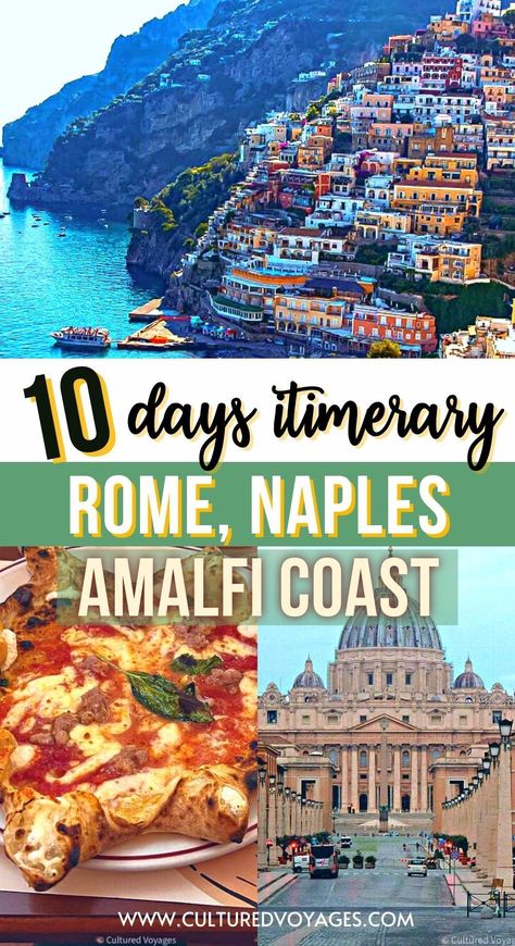 Immerse yourself in the enchanting allure of Italy with our 10-day Rome, Naples, and Amalfi Coast itinerary. Cultured Voyages presents a curated guide for an unforgettable journey, covering the best attractions, tours, and day trips. From the ancient wonders of Rome to the coastal charm of Amalfi, this itinerary has it all. Discover the magic of Italy with Cultured Voyages – your key to an extraordinary 10-day adventure. Start planning your dream trip today! Naples And Amalfi Coast Itinerary, Trip To Italy Itinerary, Rome And Amalfi Coast Itinerary, Italy And Greece Itinerary 10 Days, Rome To Amalfi Coast, Italy Travel Aesthetic, Almafi Coast Italy, Italy Trip Itinerary, Amalfi Coast Travel Guide