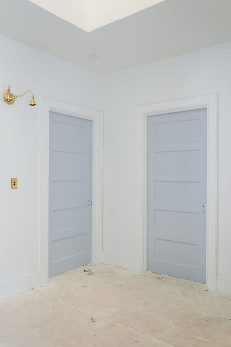 Blue Interior Trim And Doors, Farmhouse Bedroom Paint Colors, Blue Painted Door, Coastal Blue Paint, Blue Interior Doors, Baby Blue Paint, Light Blue Paint Colors, Sherwin Williams Blue, Interior Door Colors