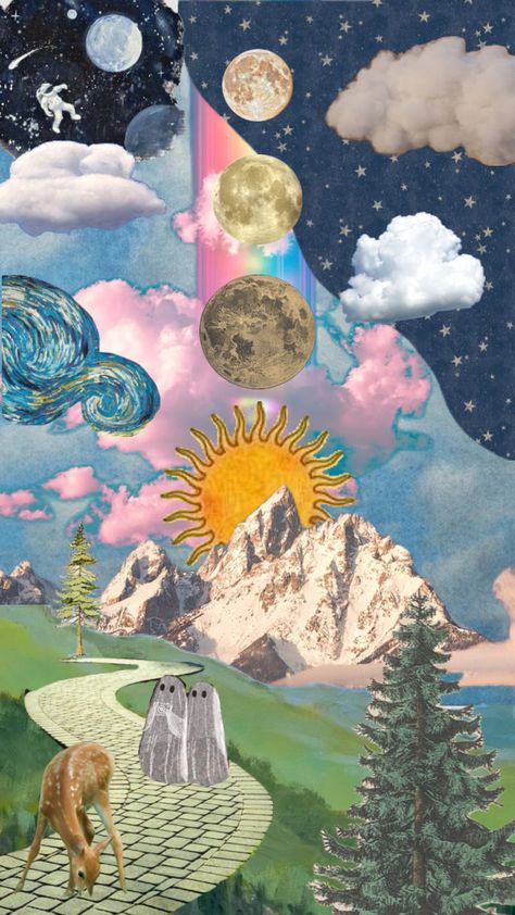 #landscape #nature #ghosts #cute #planets #clouds #vintage #road #trees #mountains Photomontage Ideas, Vintage Surrealism, Planets Aesthetic, Shuffle Ideas, Vintage Space Art, Vintage Futurism, Surrealism Collage, Quirky Artwork, Surrealist Collage