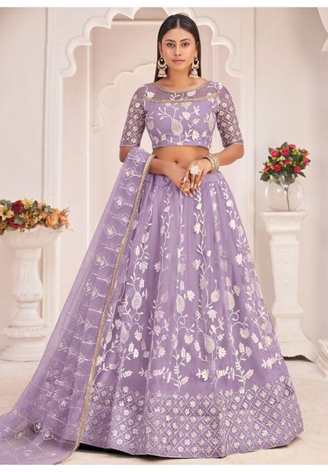 Lavender Embroidered Net Lehenga Choli Lehenga Purple, Lavender Lehenga, Net Lehenga Choli, Purple Lehenga, Fancy Lehenga, Bridesmaid Lehenga, Lavender Butterfly, Butterfly Net, Net Blouses