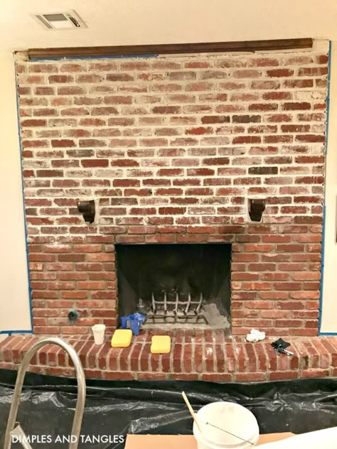 Mortar Wash Brick Fireplace, Mortar Wash Brick, Fireplace Makeover Brick, Wash Brick Fireplace, Mortar Wash, White Wash Brick Fireplace, Fireplace Brick, Dimples And Tangles, Red Brick Fireplaces