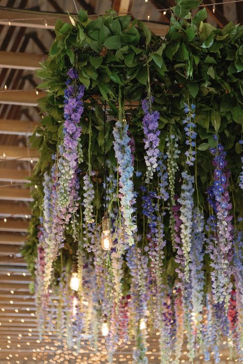 Hanging Lavender Wedding, Blue Purple And Green Wedding Colors, Pink Purple Decor, Lavender Hanging From Ceiling, Hanging Delphinium Wedding, Flower Prom Decorations, Blue Themed Tea Party, Pink Purple Blue Flower Arrangement, Wedding Blue And Purple Theme