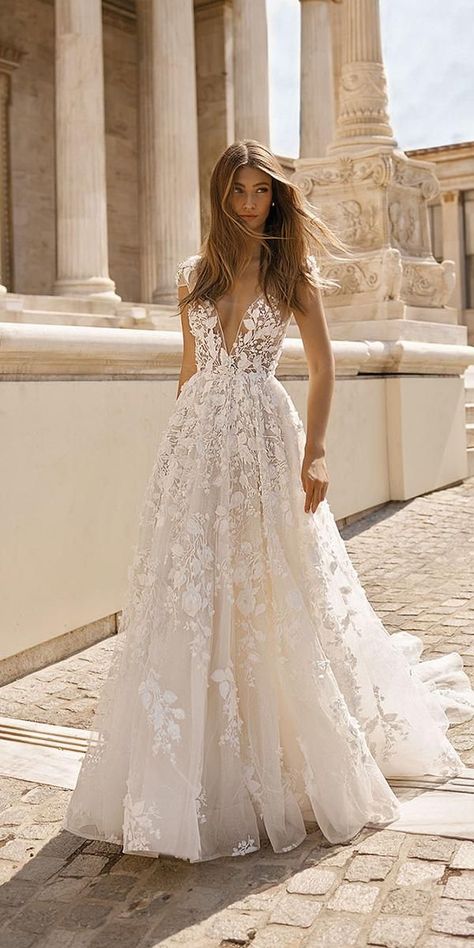 berta bridal wedding dresses a line plunging neckline floral appliques Blended Families, Berta Wedding Dress, Sheath Wedding Dress Lace, Berta Bridal, Boho Styl, Wedding Dress Guide, Cute Wedding Dress, Top Wedding Dresses, Dress Guide