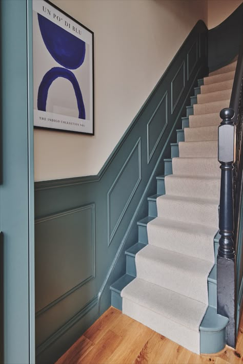 teal hallway brass hardware living brass teal paint hallway cupboard bespoke joinery wall panelling Modern Staircase Railing Unique, Modern Staircase Lighting, Blue Hallway Ideas, Lambriseringen Gang, Edwardian Hallway, Hallway Wall Colors, Modern Staircase Railing, Hallway Colour Schemes, Stairs Designs