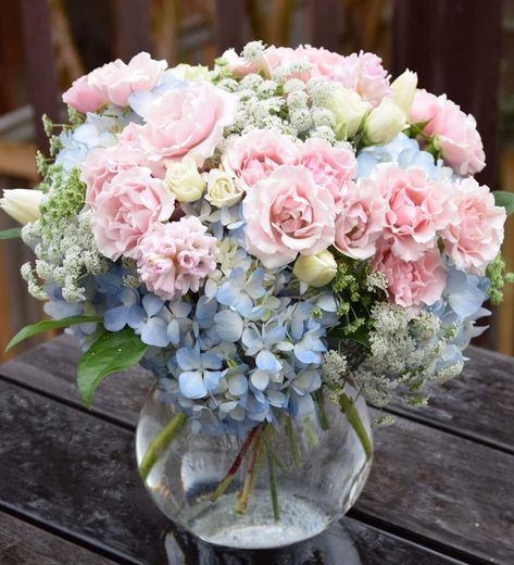 Pastel Flower Centerpieces Wedding, Blue And Pink Flower Arrangements, Wedding Table Floral Arrangements, Pink Hydrangea Centerpieces, Blue Hydrangea Centerpieces, Blue Flower Arrangements, Blue And Blush Wedding, Baby Blue Weddings, Pink Flower Arrangements